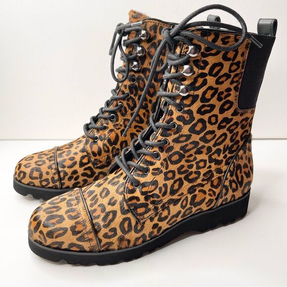 Donald Pliner CAMREN Fur Leopard Print Moto Combat Boots New in Box Size 6.5